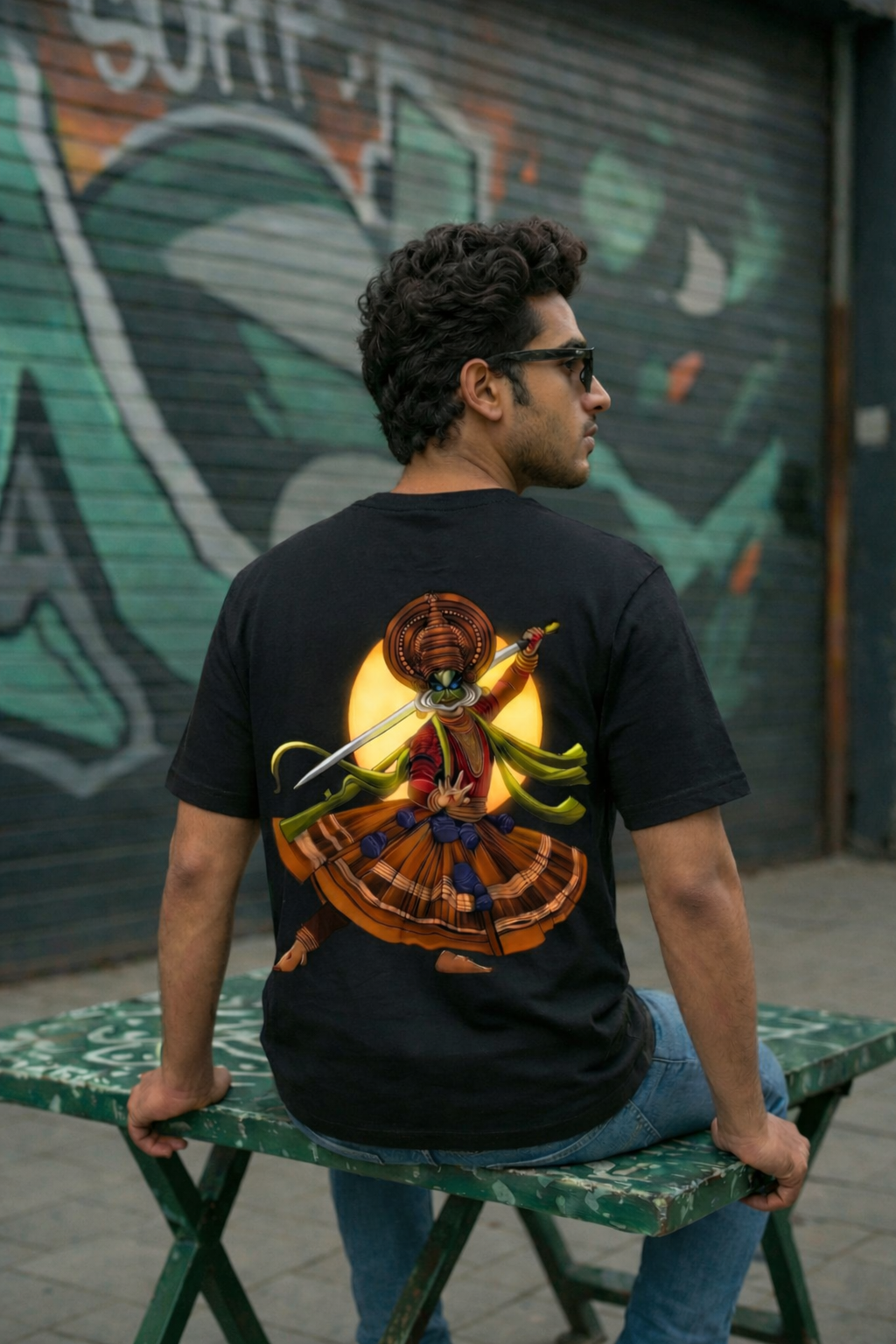The Kathakali Warrior: Sword of Tradition Oversized T-Shirt - Black