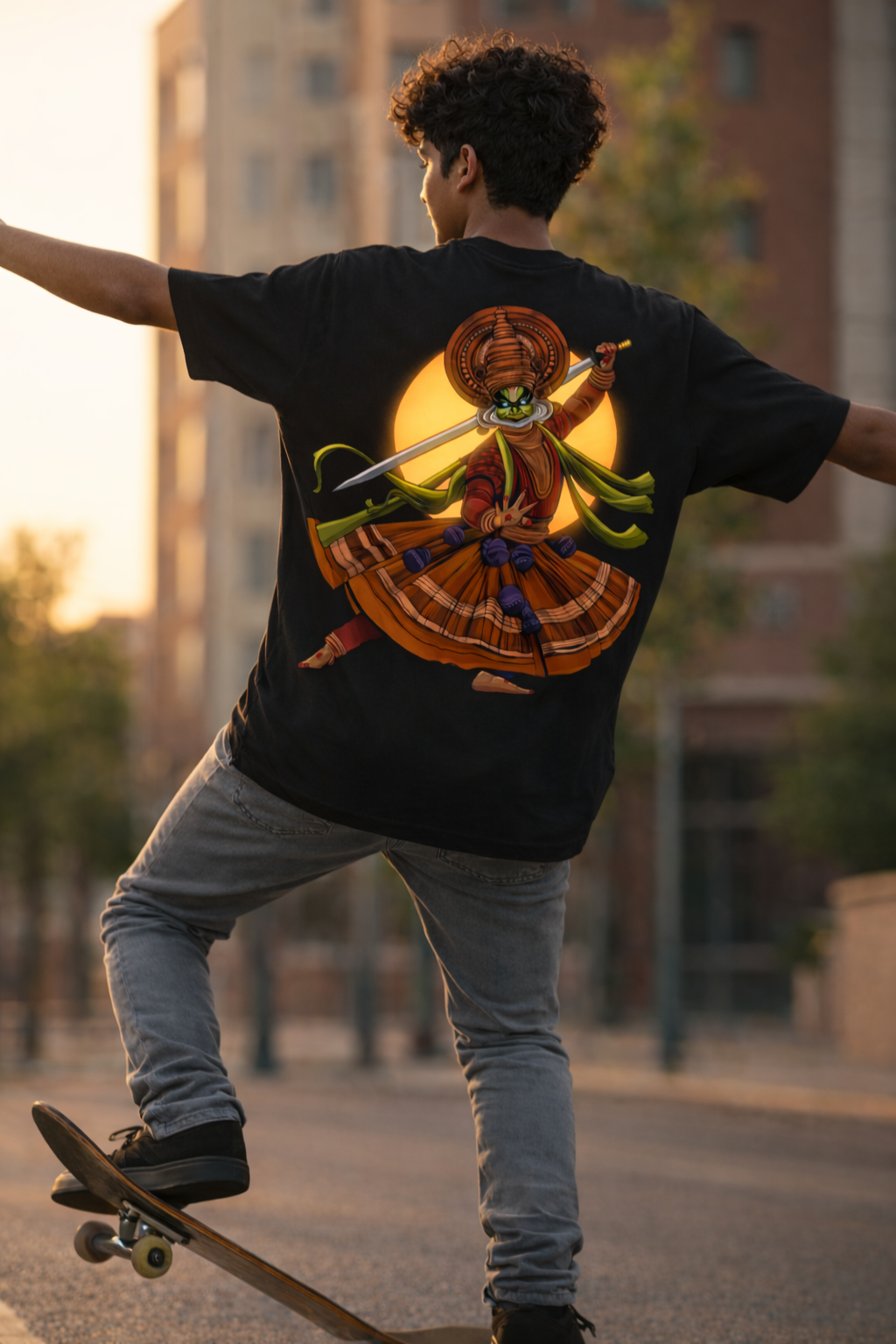 The Kathakali Warrior: Sword of Tradition Oversized T-Shirt - Black