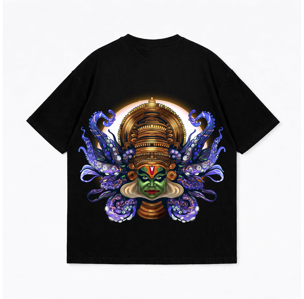 The Cosmic Kathakali: Surreal Fusion Oversized T-Shirt - Black