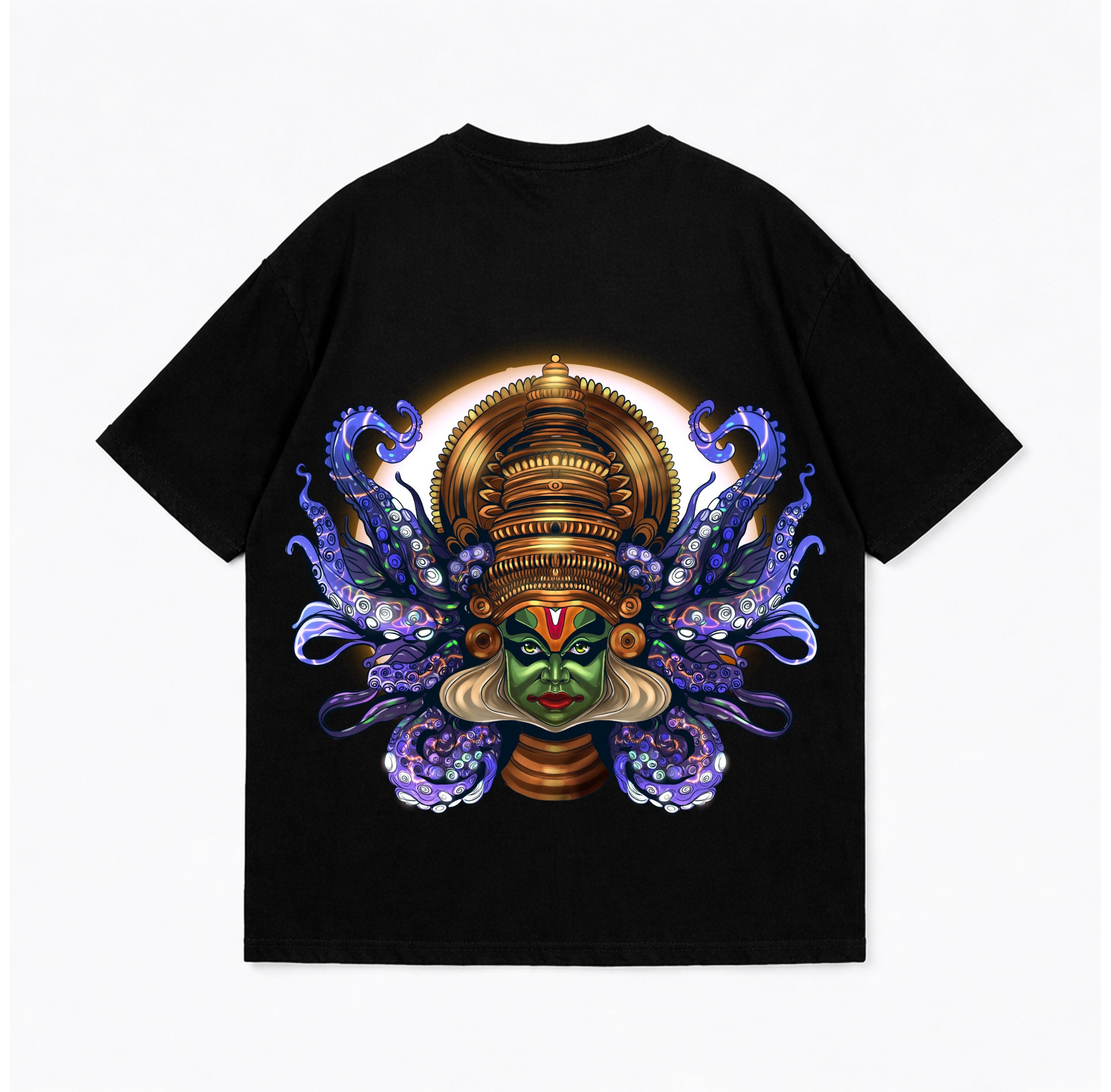 The Cosmic Kathakali: Surreal Fusion Oversized T-Shirt - Black