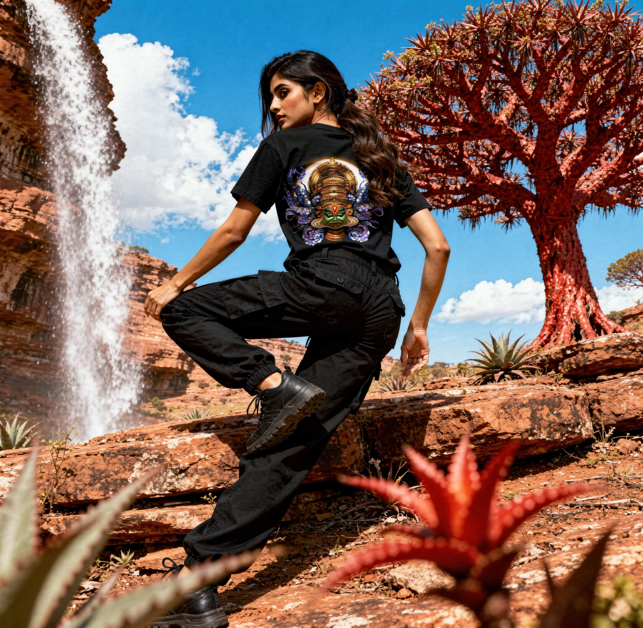 The Cosmic Kathakali: Surreal Fusion Oversized T-Shirt - Black