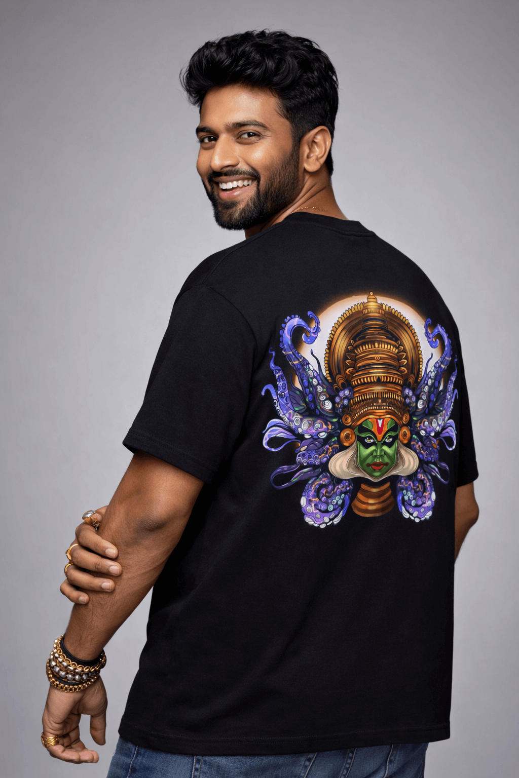 The Cosmic Kathakali: Surreal Fusion Oversized T-Shirt - Black