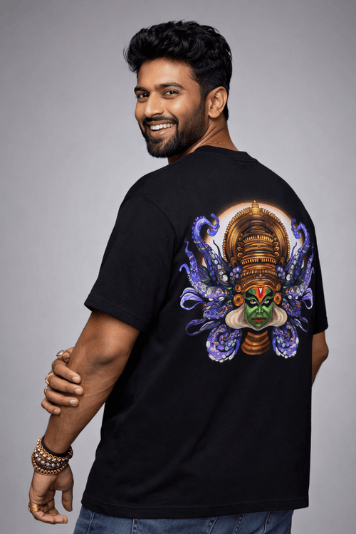 The Cosmic Kathakali: Surreal Fusion Oversized T-Shirt - Black